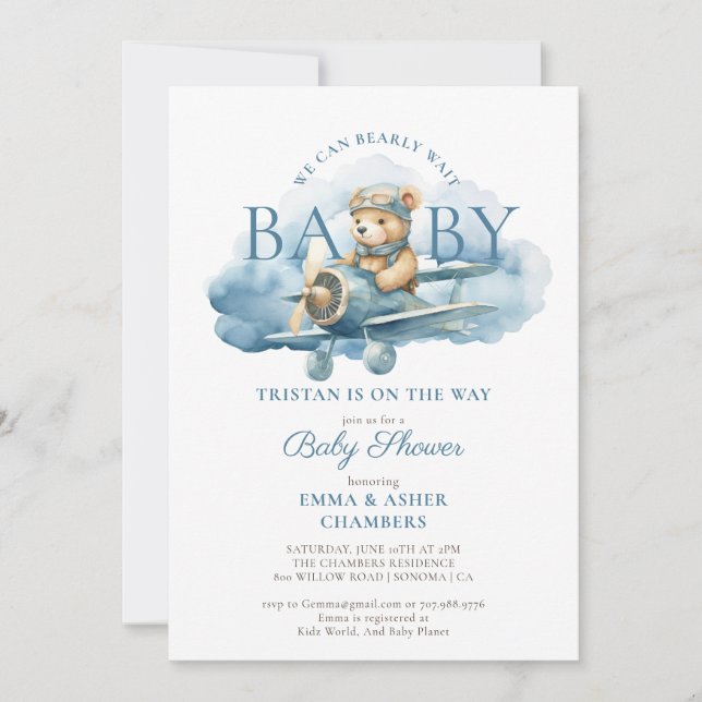 Teddy Bear Boy Blue Bearly Wait Baby Shower Invitation (Front)