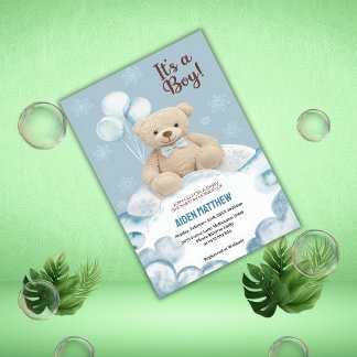 Teddy Bear Boy Blue Bearly Wait Baby Shower Invitation