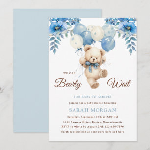 Teddy Bear Boy Blue Boho Bearly Wait Baby Shower Invitation