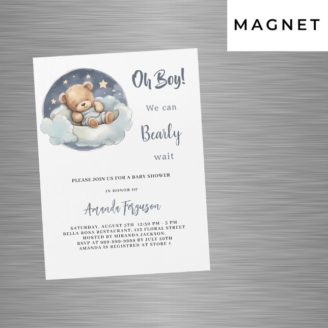 Teddy bear boy blue moon sky luxury baby shower magnetic invitation (Creator Uploaded)