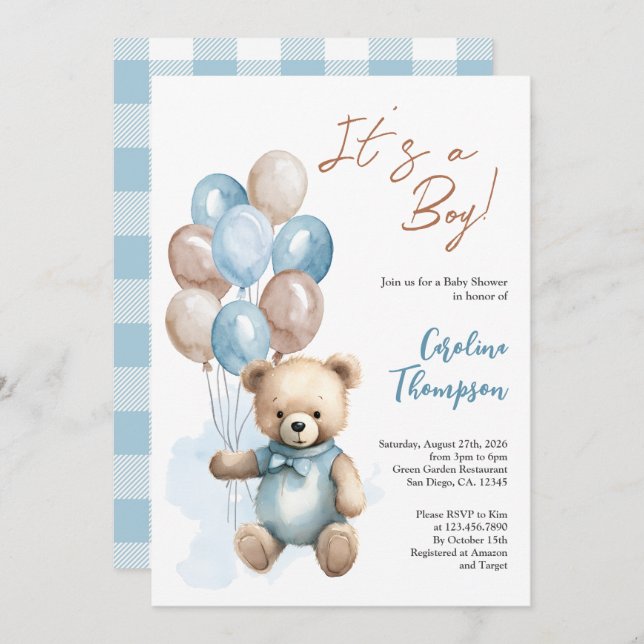 Teddy Bear Boy Blue Plaid Baby Shower Invitatio Invitation (Front/Back)
