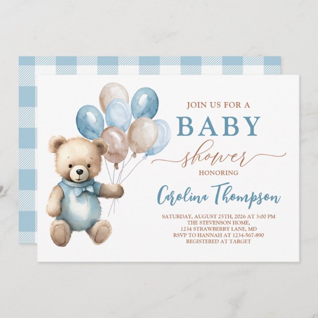 Teddy Bear Boy Blue Plaid Pastel Baby Shower Invitation (Front/Back)