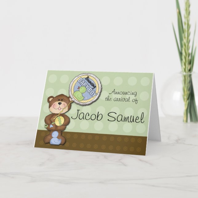 Teddy Bear Boy Brown Green Announcement (Front)