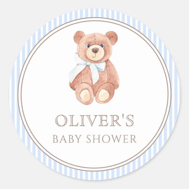 Teddy Bear Boy Classic Baby Shower Party Classic Round Sticker (Front)
