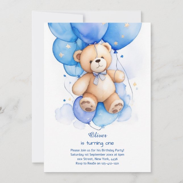 Teddy Bear Boy First Birthday Invitation (Front)