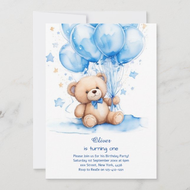 Teddy Bear Boy First Birthday Invitation (Front)