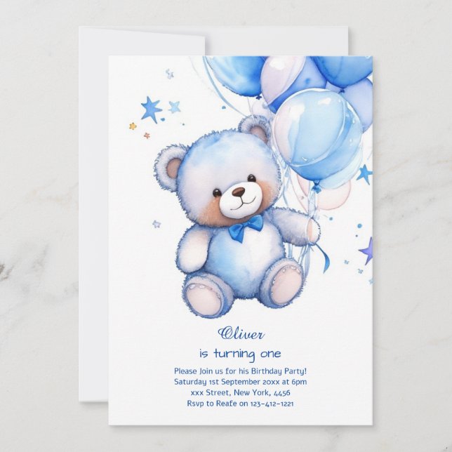 Teddy Bear Boy First Birthday Invitation (Front)
