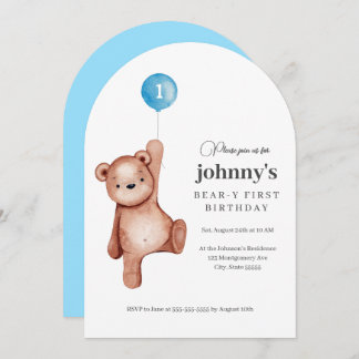 Teddy Bear Boy First Birthday Party Invitation