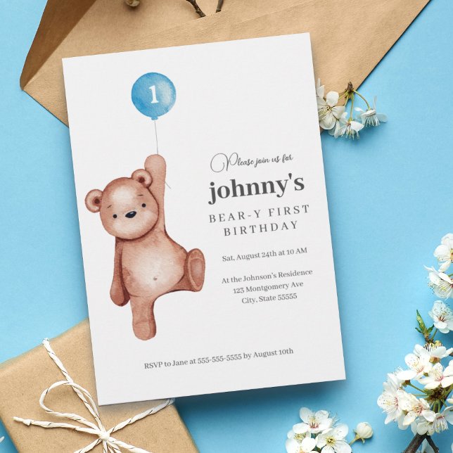 Teddy Bear Boy First Birthday Party Invitation (Creator Uploaded)