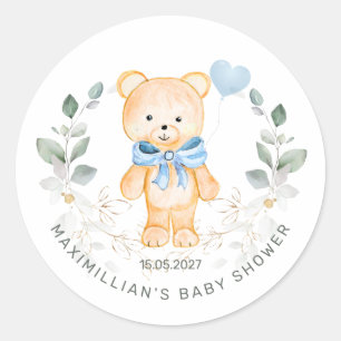 Teddy Bear Boy Greenery Foliage Baby Shower   Classic Round Sticker