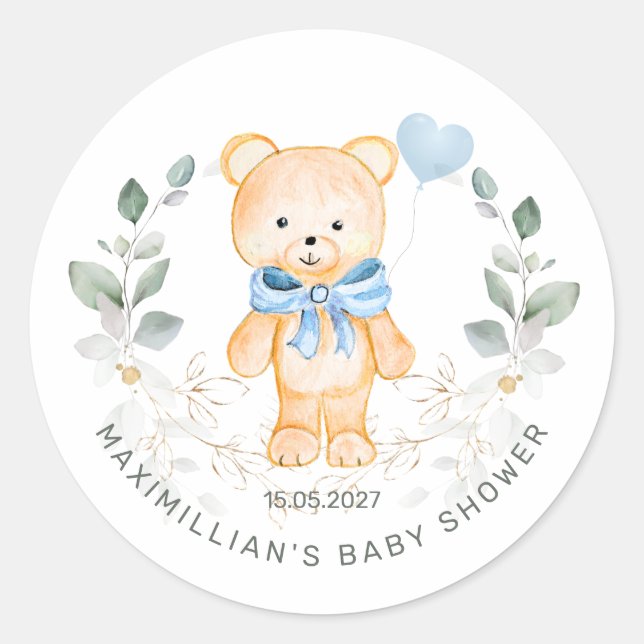 Teddy Bear Boy Greenery Foliage Baby Shower   Classic Round Sticker (Front)