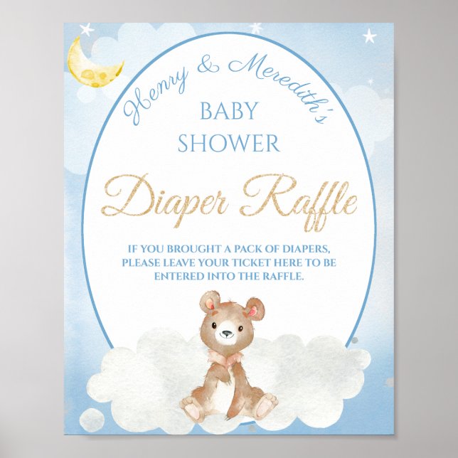 Teddy Bear Boy's Baby Shower Diaper Raffle Poster (Front)