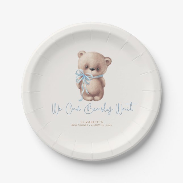 Teddy Bear Brown and Blue Baby Shower Paper Plate (Front)