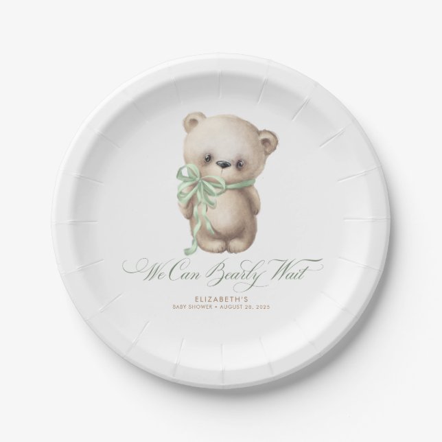 Teddy Bear Brown and Sage Baby Shower Paper Plate (Front)