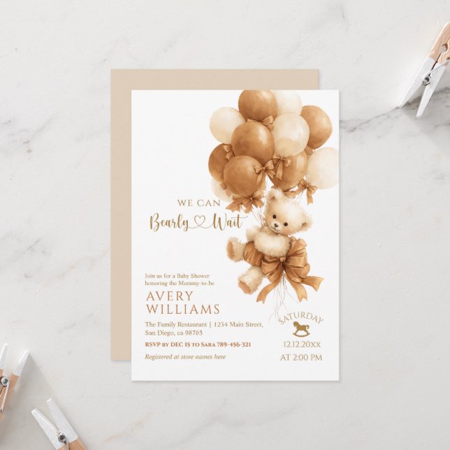 Teddy Bear Brown Balloon Bow Baby Shower Invitation (Front/Back In Situ)
