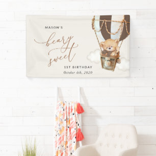 Teddy Bear, Brown Balloon, First Birthday Welcome Banner