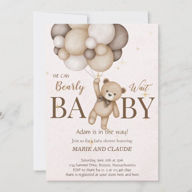 teddy bear brown balloons baby shower   invitation (Front)