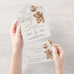 Teddy Bear, Brown Balloons, First Birthday All In One Invitation