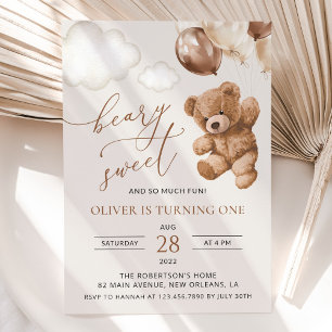 Teddy Bear, Brown Balloons, First Birthday Invitation