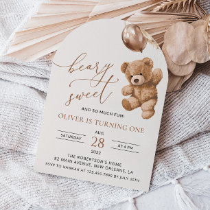 Teddy Bear, Brown Balloons, First Birthday Invitation
