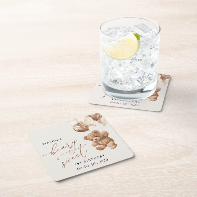 Teddy Bear, Brown Balloons, First Birthday Square Paper Coaster (Insitu)