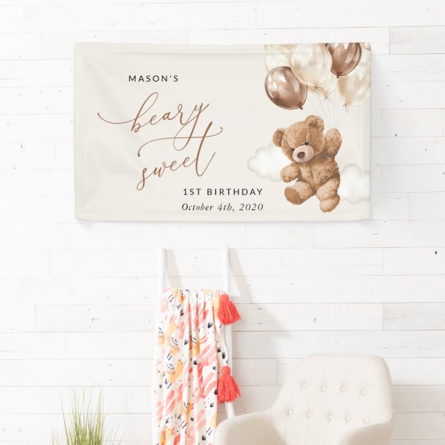 Teddy Bear, Brown Balloons, First Birthday Welcome Banner (Insitu)