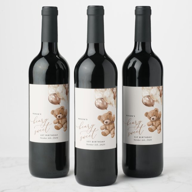 Teddy Bear, Brown Balloons, First Birthday Wine Label (Bottles)