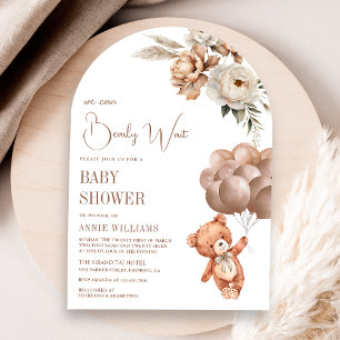 Teddy Bear Brown Balloons Floral Arch Baby Shower Invitation