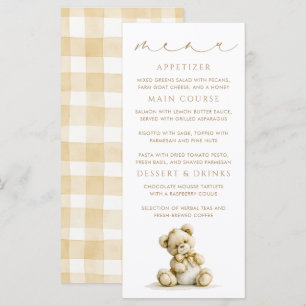 Teddy Bear Brown Gingham Pattern Menu Cards