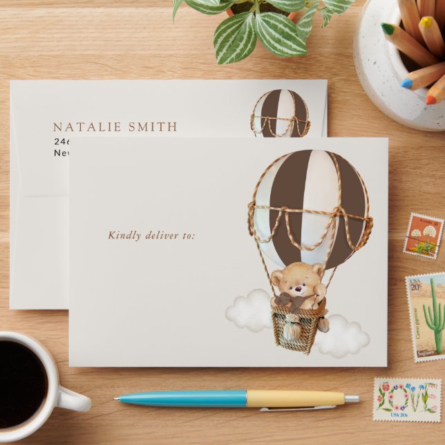 Teddy Bear, Brown Hot Air Balloon, Baby Shower Envelope (Desk)