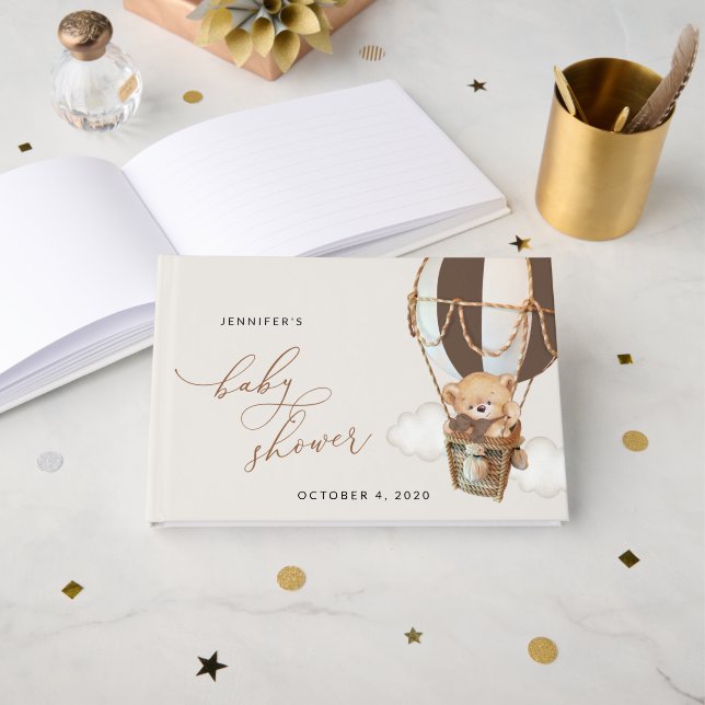 Teddy Bear, Brown Hot Air Balloon, Baby Shower Guest Book (Front Open)