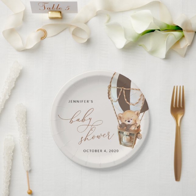 Teddy Bear, Brown Hot Air Balloon, Baby Shower Paper Plate (Wedding)