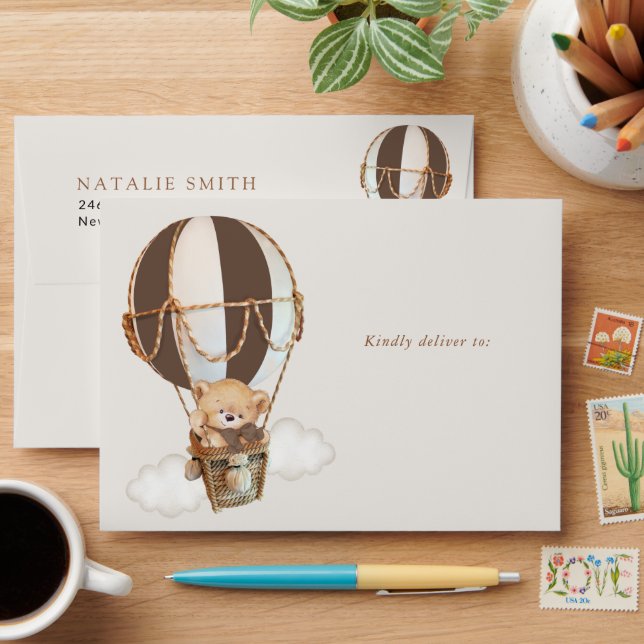 Teddy Bear, Brown Hot Air Balloon, Birthday Envelope (Desk)