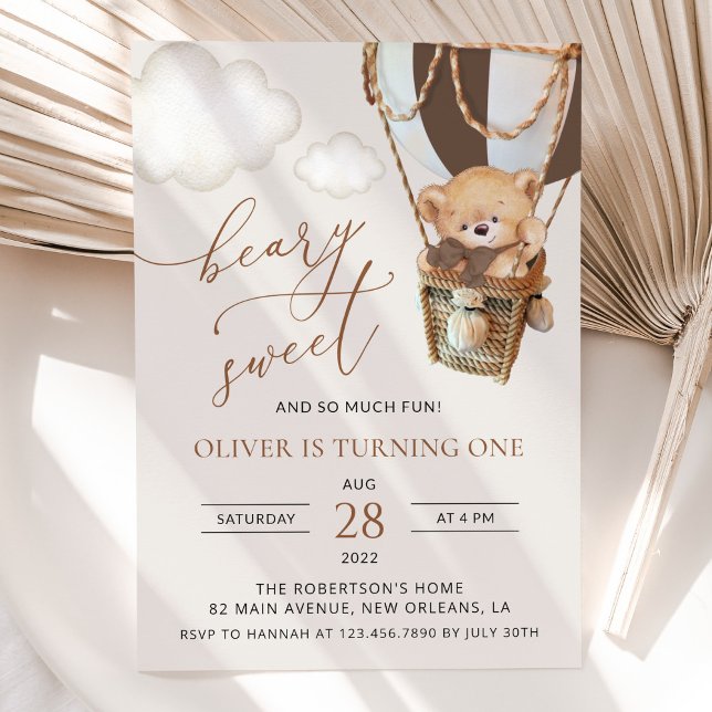 Teddy Bear, Brown Hot Air Balloon, First Birthday Invitation (Creator Uploaded)
