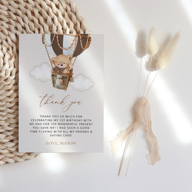 Teddy Bear, Brown Hot Air Balloon, First Birthday Thank You Card (Creator Uploaded)