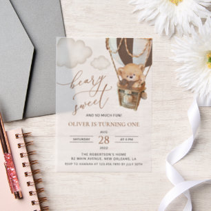 Teddy Bear, Brown Hot Air Balloon, First Birthday Vellum Invitations