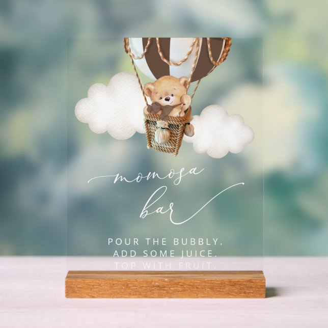 Teddy Bear, Brown Hot Air Balloon, Momosa Bar Acrylic Sign (Neutral)