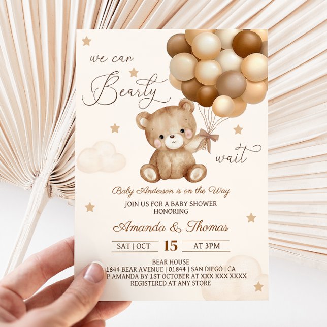 Teddy Bear Brown Neutral Balloons Baby Shower Invitation (Creator Uploaded)