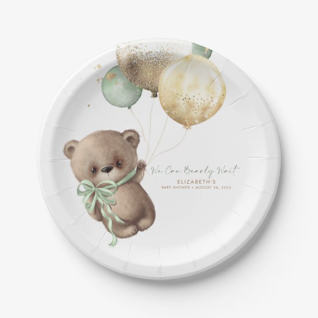 Teddy Bear Brown Sage Gold Boho Baby Shower Paper Plate (Front)