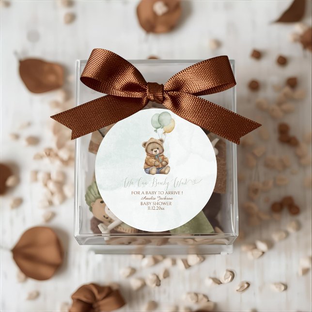 Teddy Bear Brown Sage Green Balloons Baby Classic Round Sticker (Creator Uploaded)