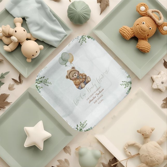 Teddy Bear Brown Sage Green Balloons Baby Paper Plate (Creator Uploaded)