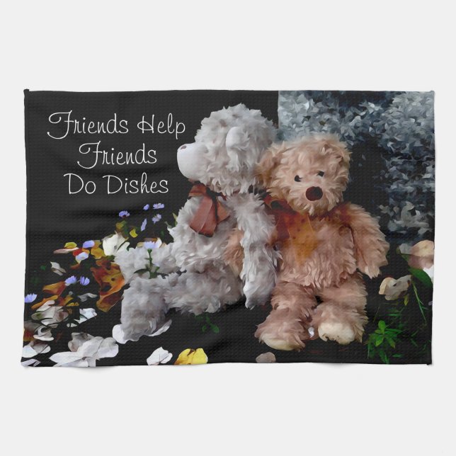 Teddy Bear Buddies- Friends help friends do dishes Tea Towel (Horizontal)
