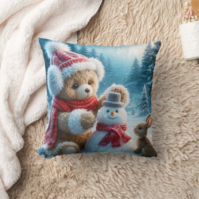 Teddy Bear Building a Snowman Cushion (Blanket)