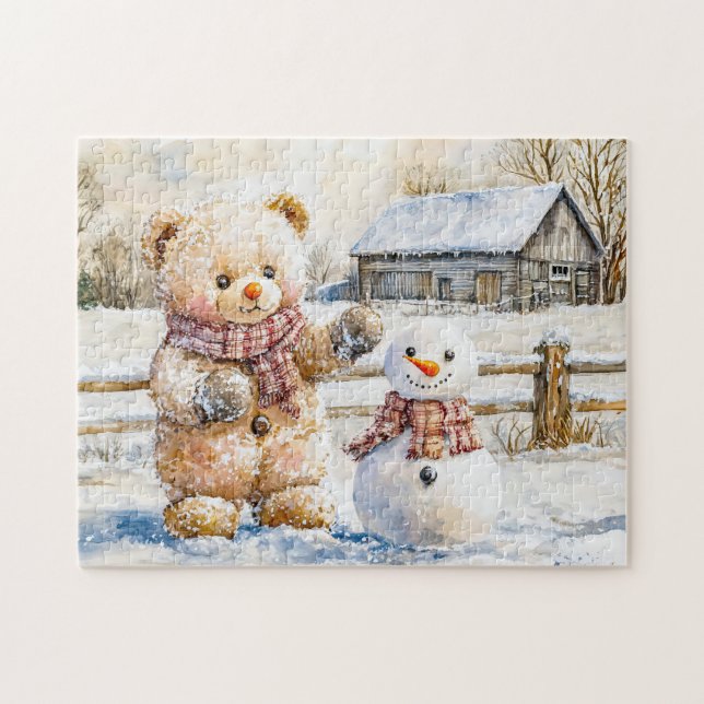 Teddy Bear Building a Snowman Jigsaw Puzzle (Horizontal)