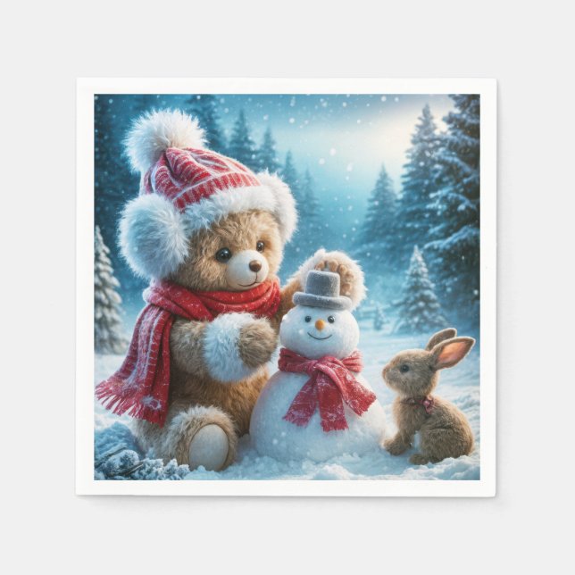 Teddy Bear Building a Snowman Napkin (Front)