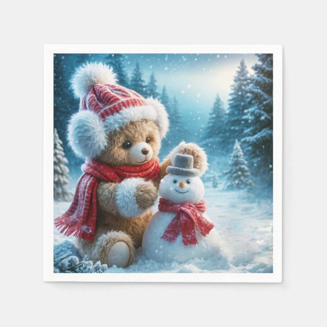Teddy Bear Building a Snowman Napkin (Front)