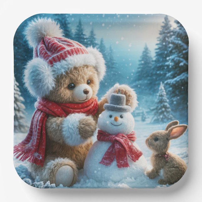 Teddy Bear Building a Snowman Paper Plate (Front)