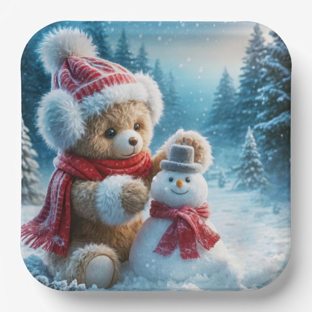 Teddy Bear Building a Snowman Paper Plate (Front)