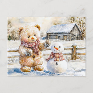 Teddy Bear Building a Snowman Postcard