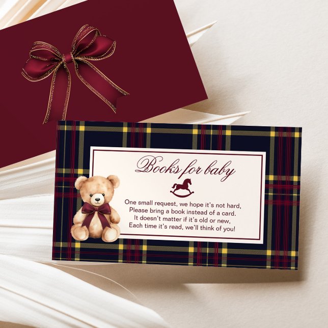 Teddy Bear Burgundy Bow Plaid Books for baby Enclosure Card (Creator Uploaded)